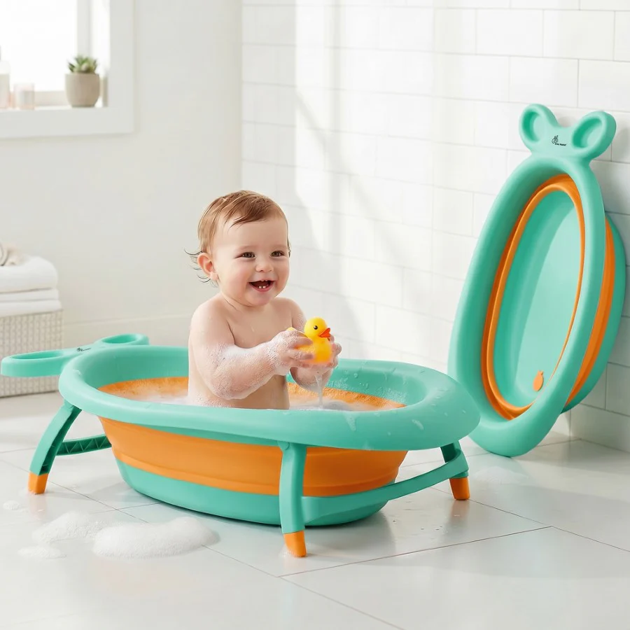 Bubble Double Finzy Baby Bathtub 9-36 Months, Foldable Cocoon Design, Anti-Skid Base & Drain Plug - Image 17