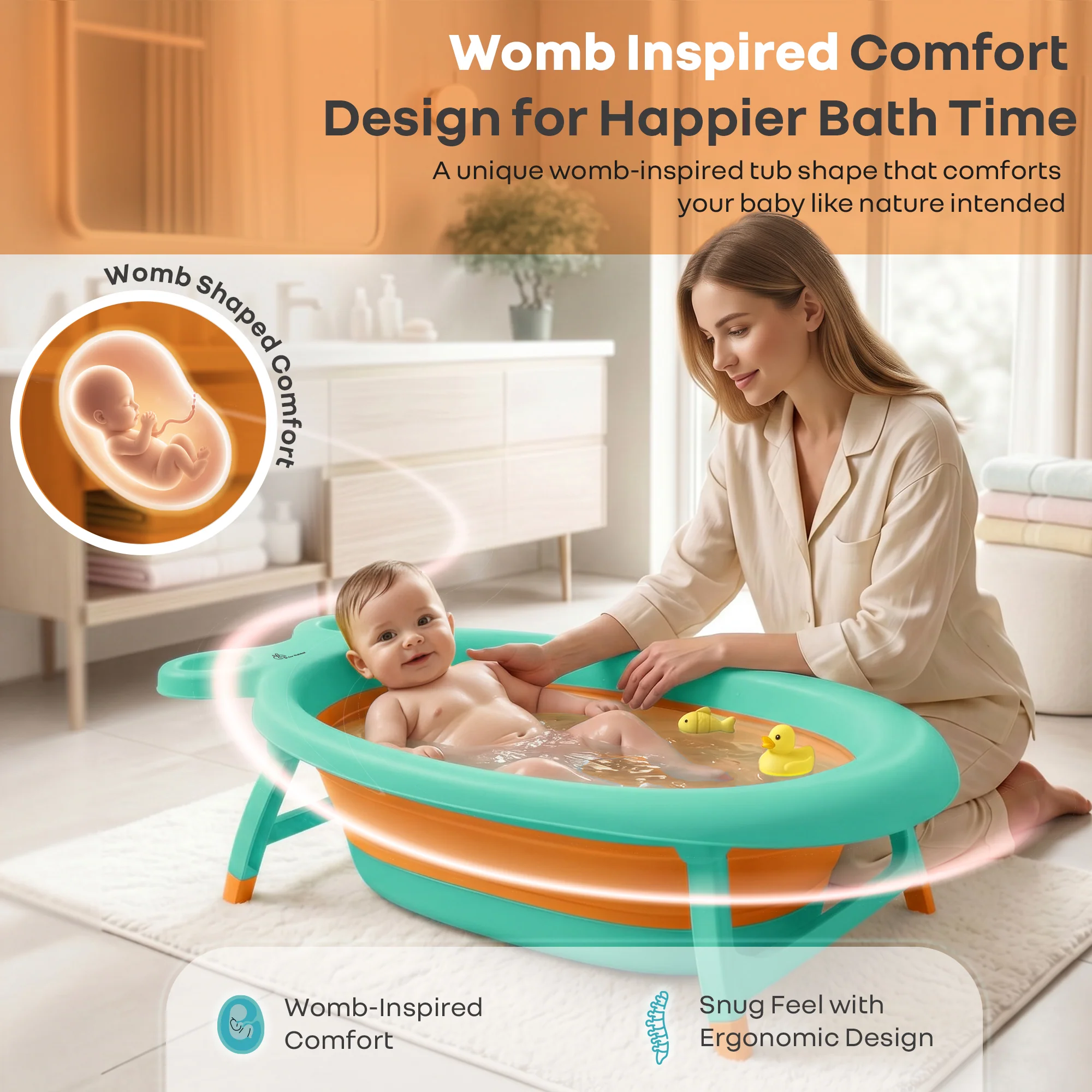 Bubble Double Finzy Baby Bathtub 9-36 Months, Foldable Cocoon Design, Anti-Skid Base & Drain Plug - Image 18
