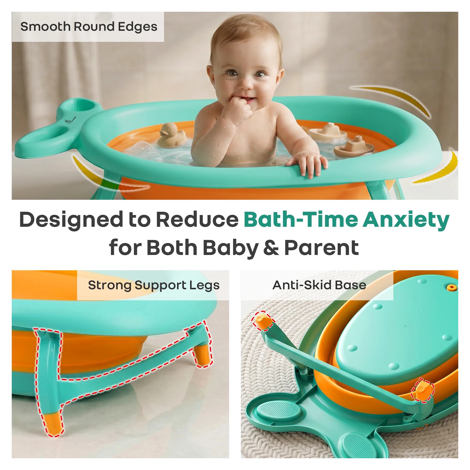 Bubble Double Finzy Baby Bathtub 9-36 Months, Foldable Cocoon Design, Anti-Skid Base & Drain Plug - Image 21