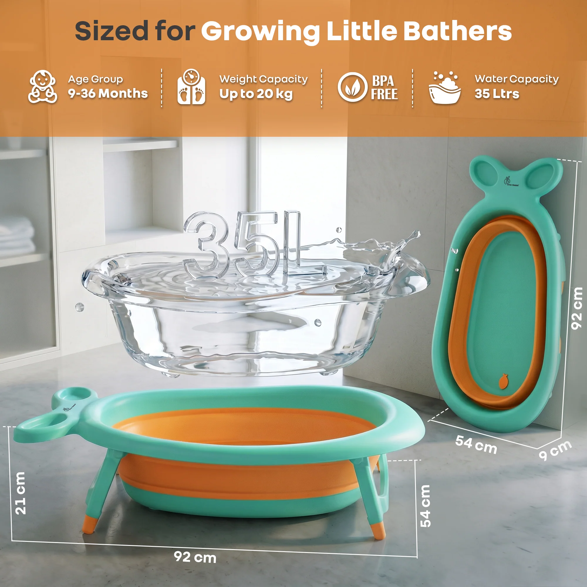 Bubble Double Finzy Baby Bathtub 9-36 Months, Foldable Cocoon Design, Anti-Skid Base & Drain Plug - Image 24