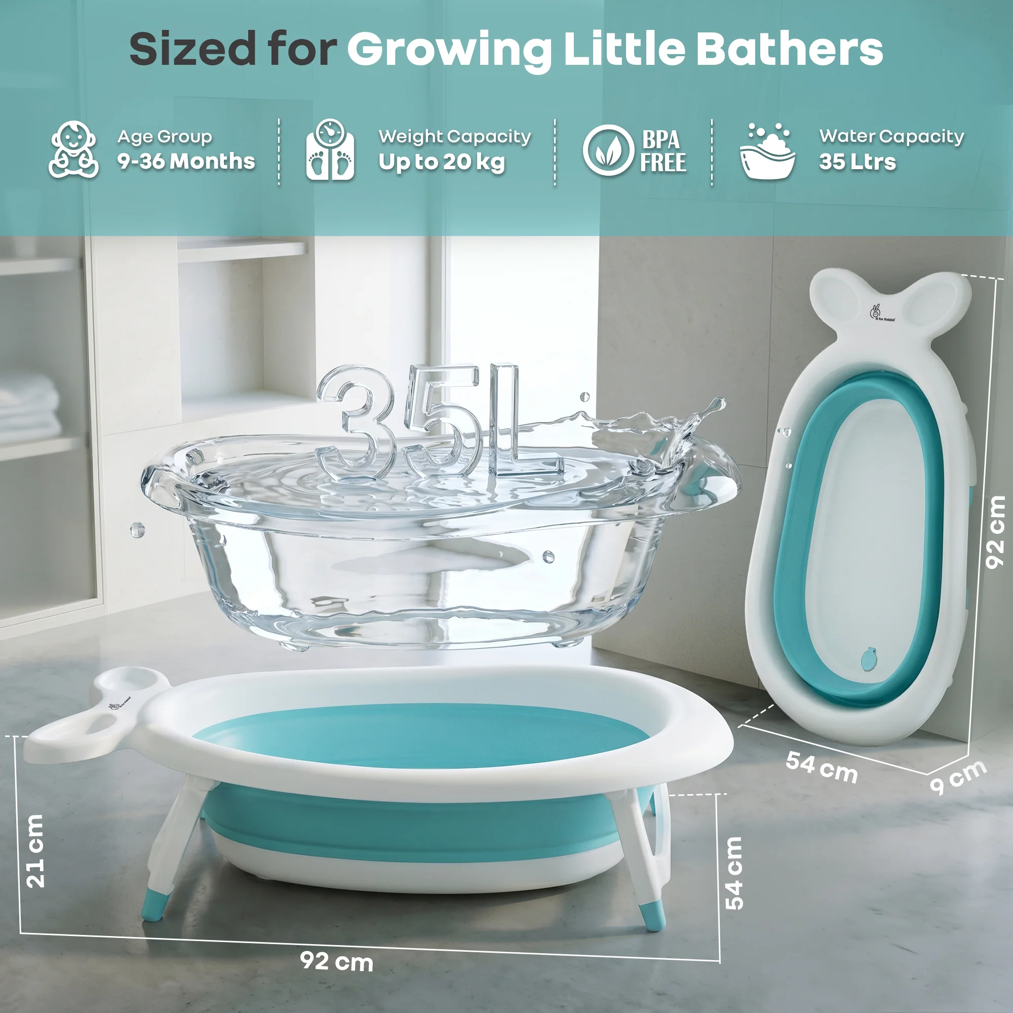Bubble Double Finzy Baby Bathtub 9-36 Months, Foldable Cocoon Design, Anti-Skid Base & Drain Plug - Image 8