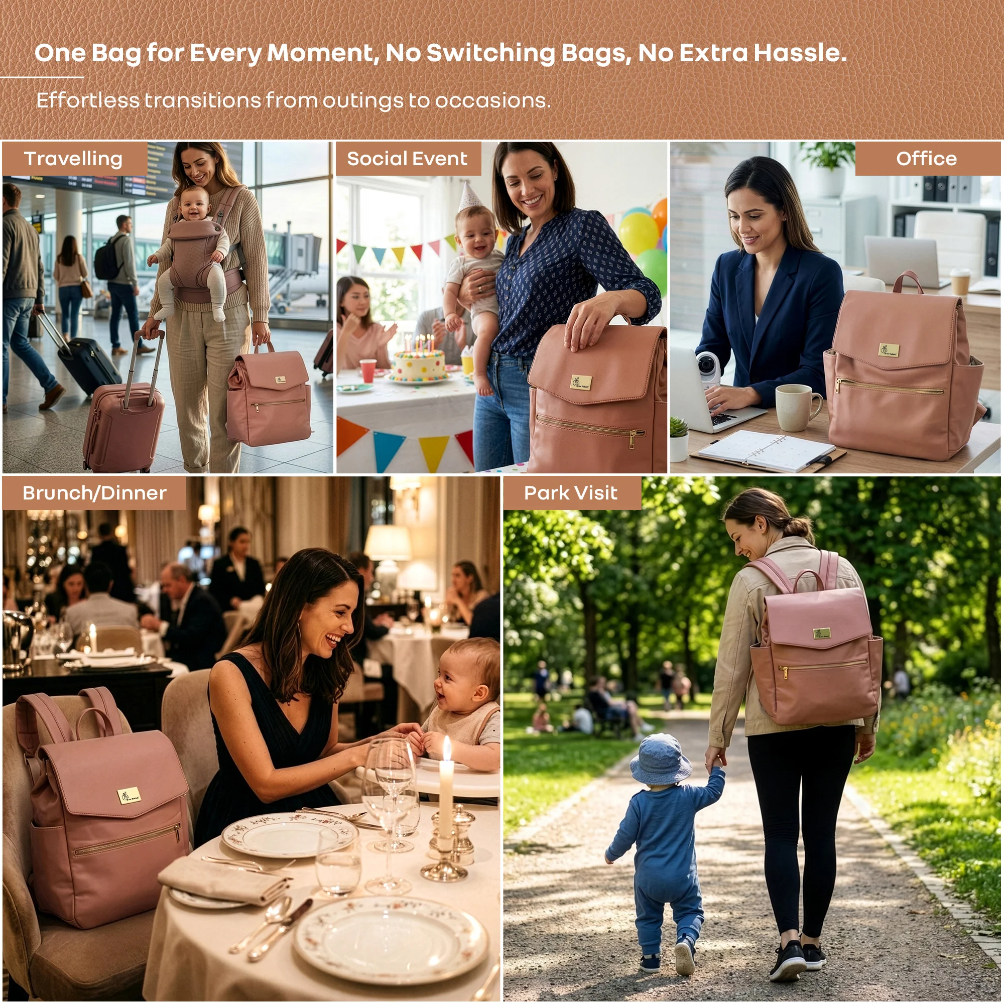 Caramello Bold Arise Diaper Bag, Premium Vegan Leather, 22L Multi-Compartment Laptop Friendly Bag - Image 3