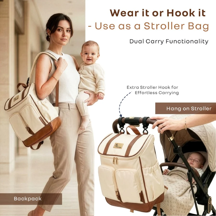 Caramello Bold Hazel Stylish Mom Bag, Vegan Leather, Stroller Hanging Rings - Image 7