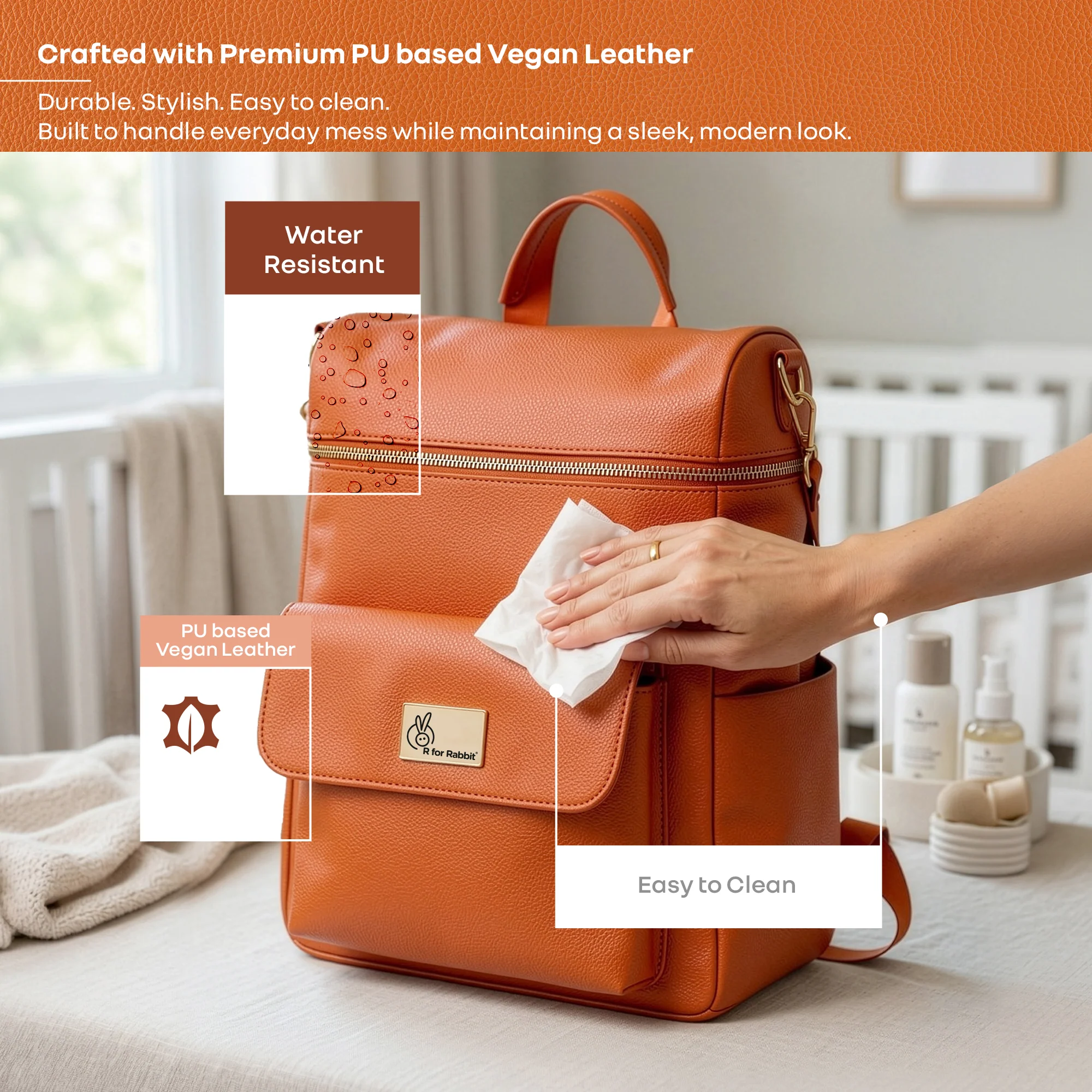 Caramello Bold Ivy Diaper Bag for Moms, Dual Carry Sling, Insulated Bottle Pockets With Premium Vegan Leather - Image 7