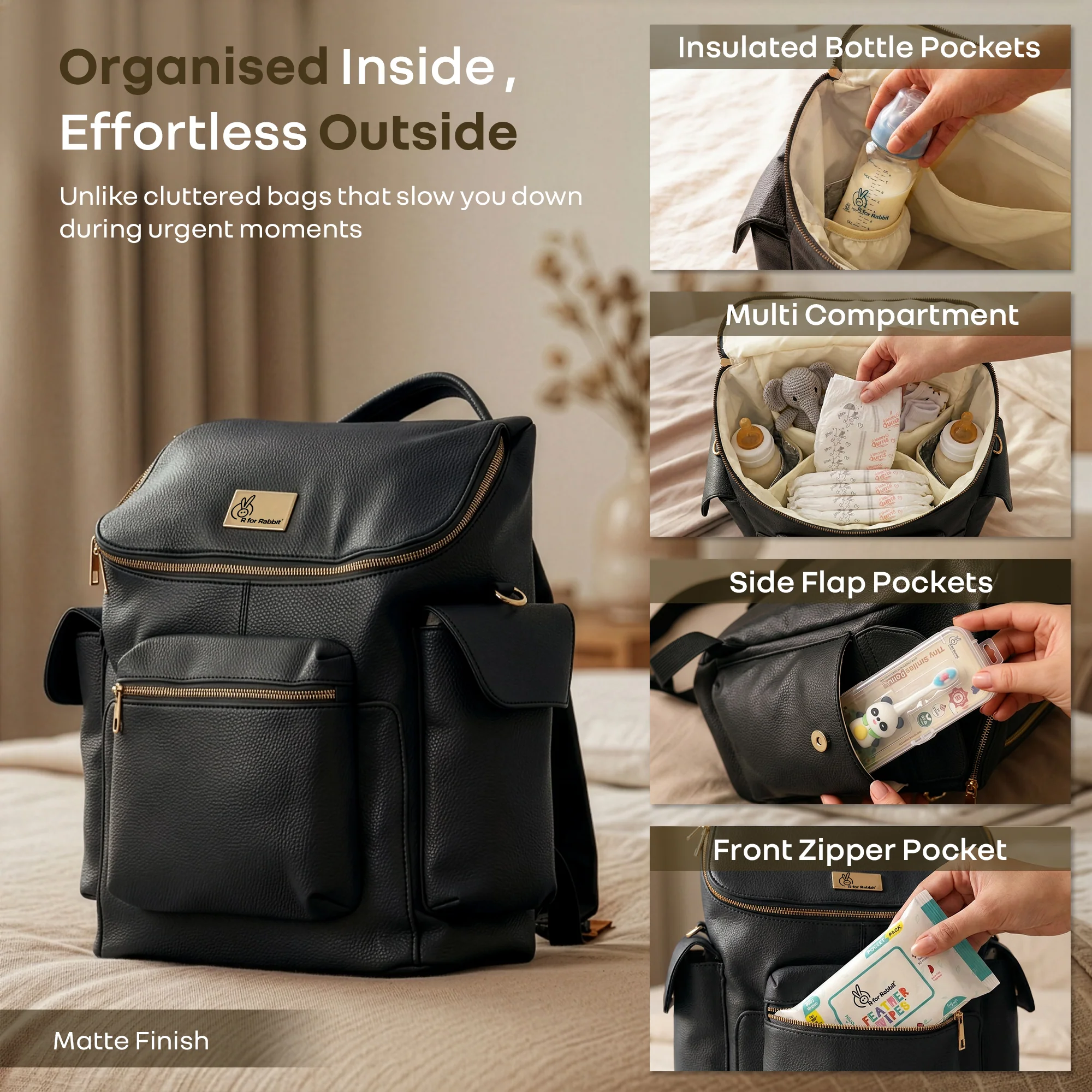 Caramello Bold Neo Diaper Bag, Matte Finish Vegan Leather, 39L Spacious Multi-Compartment Bag - Image 13