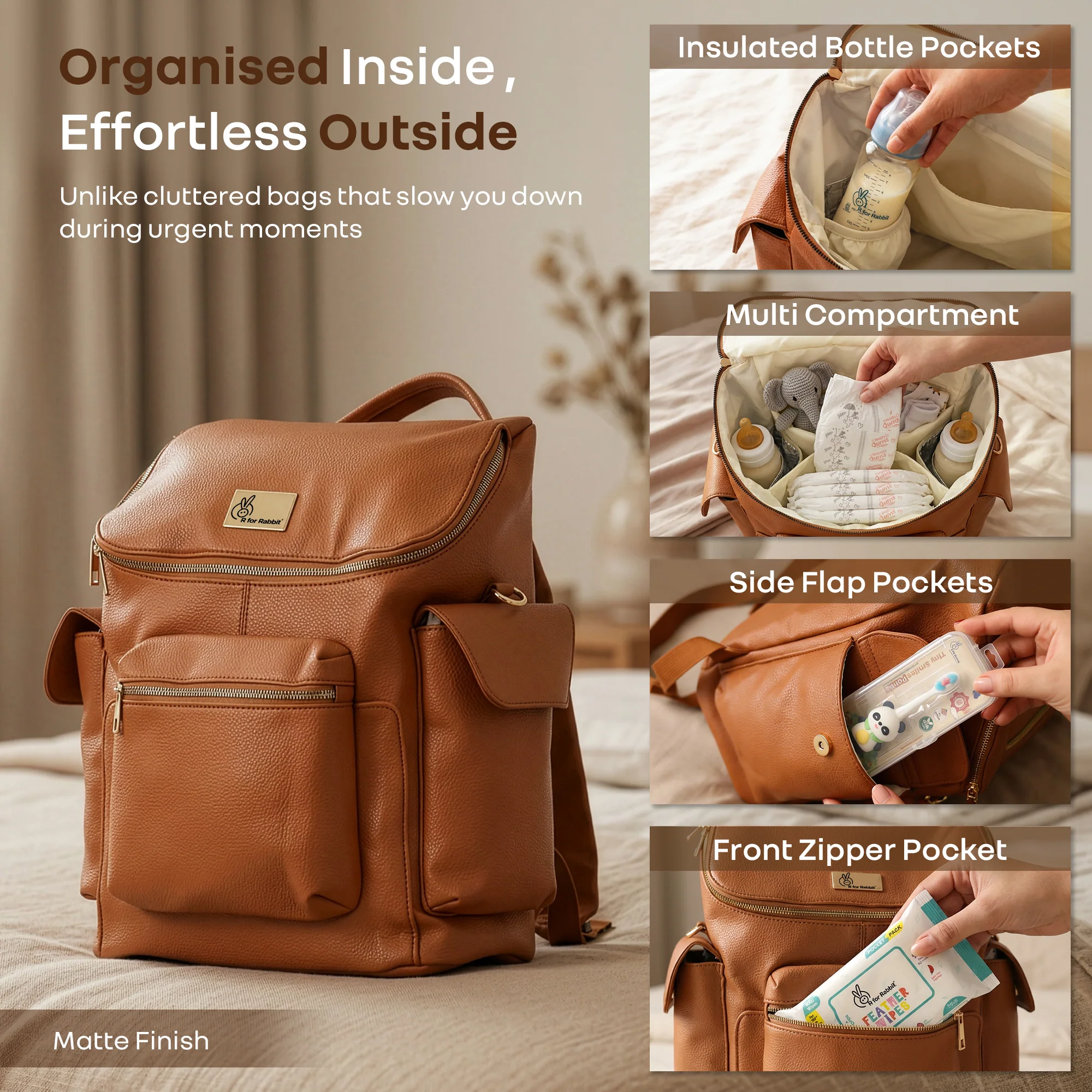 Caramello Bold Neo Diaper Bag, Matte Finish Vegan Leather, 39L Spacious Multi-Compartment Bag - Image 5