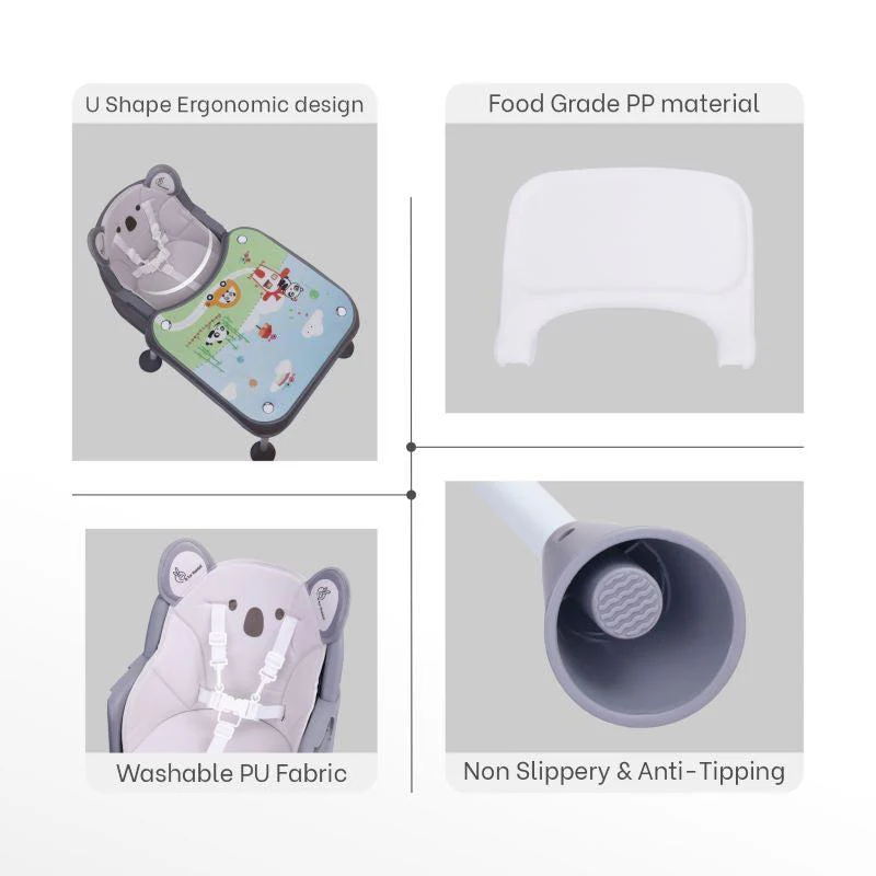 4 in 1 Cherry Berry Grand High Chair - Convertible, Removable Tray, Non Slippery-Anti Tipping, Booster Seat, Study Table & Chair Convertible - Teddy Grey - Image 6