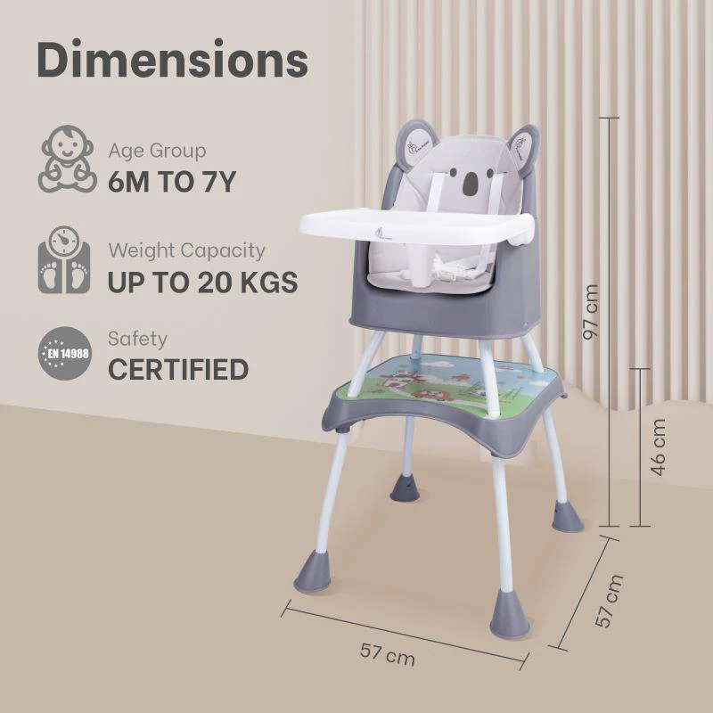 4 in 1 Cherry Berry Grand High Chair - Convertible, Removable Tray, Non Slippery-Anti Tipping, Booster Seat, Study Table & Chair Convertible - Teddy Grey - Image 7