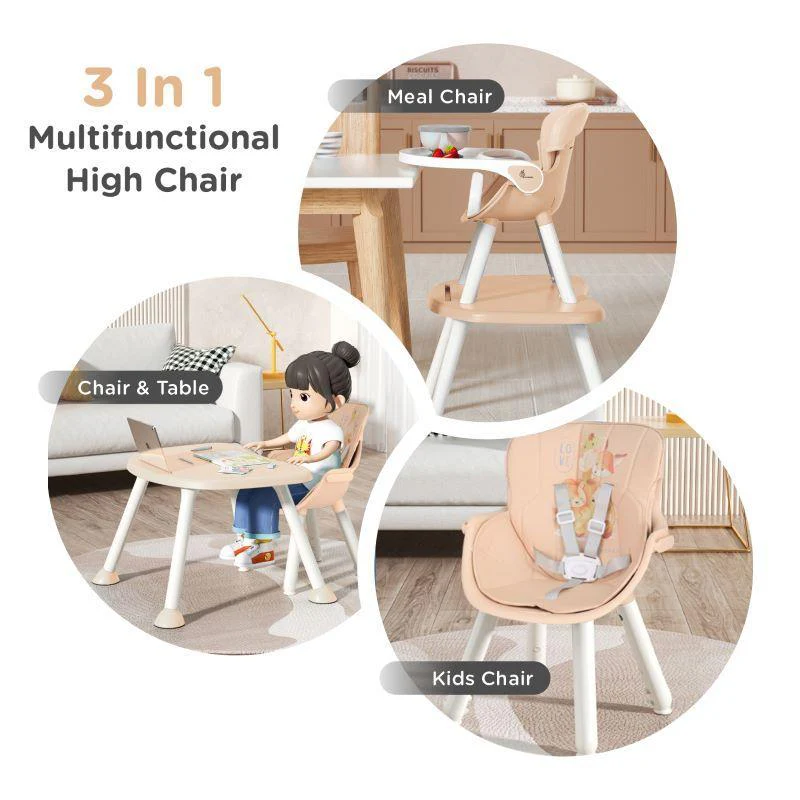 Cherry Berry Safari Baby High Chair, 3 in 1 Convertible High Chair Cum Kids Study Table - Beige - Image 3