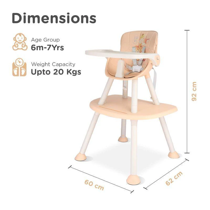 Cherry Berry Safari Baby High Chair, 3 in 1 Convertible High Chair Cum Kids Study Table - Beige - Image 8