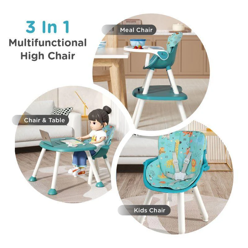 Cherry Berry Safari Baby High Chair, 3 in 1 Convertible High Chair Cum Kids Study Table - Lake Blue - Image 3