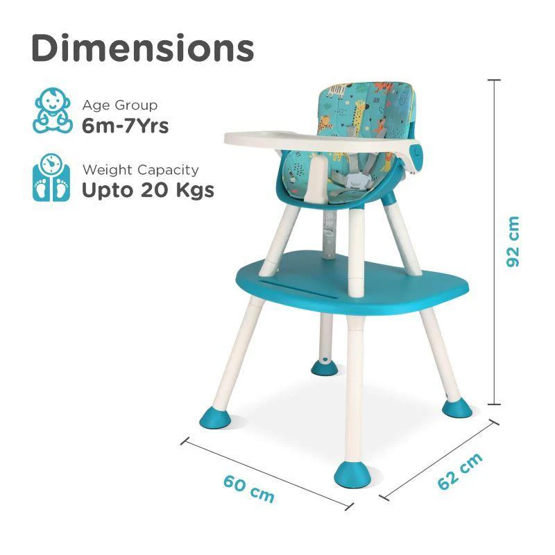 Cherry Berry Safari Baby High Chair, 3 in 1 Convertible High Chair Cum Kids Study Table - Lake Blue - Image 8