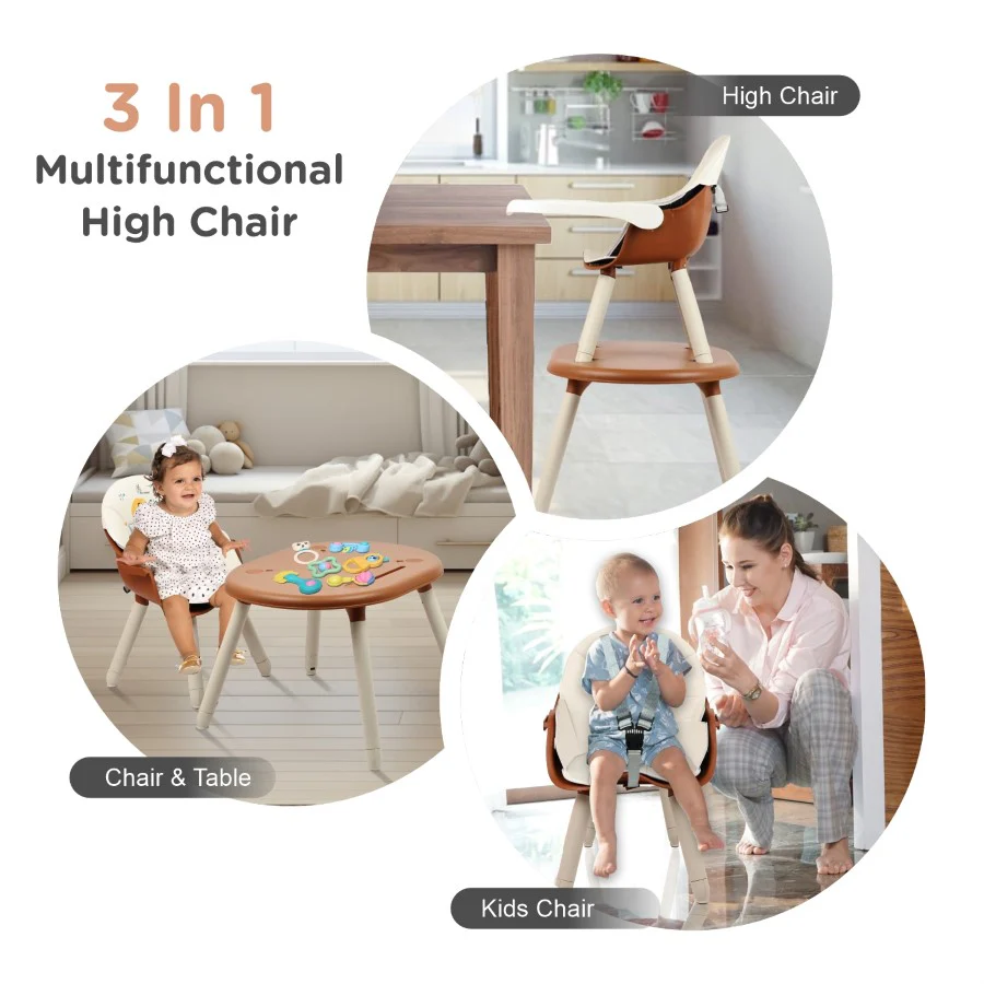 Cherry Berry Tusky High Chair For Kids 3-in-1 Convertible with Detachable & Adjustable Food Tray - Brown Cream - Image 2