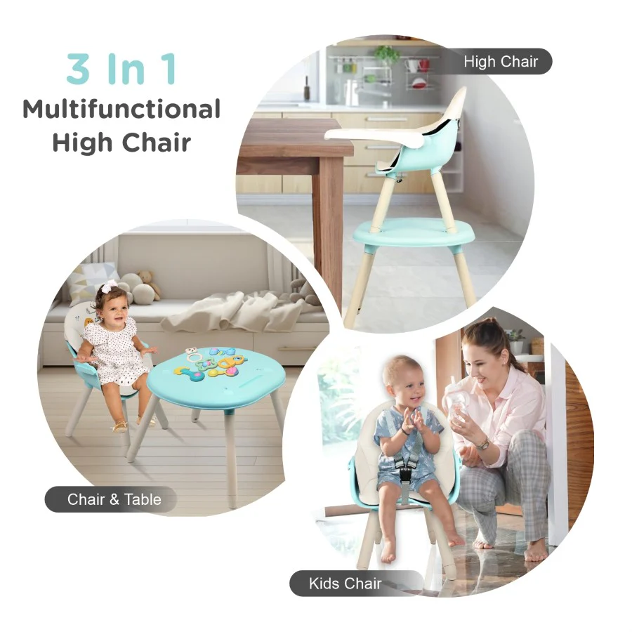 Cherry Berry Tusky High Chair For Kids 3-in-1 Convertible with Detachable & Adjustable Food Tray - Blue Cream - Image 2