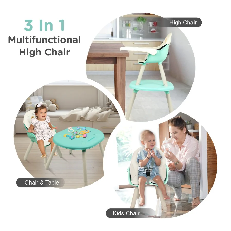 Cherry Berry Tusky High Chair For Kids 3-in-1 Convertible with Detachable & Adjustable Food Tray - Green Cream - Image 2