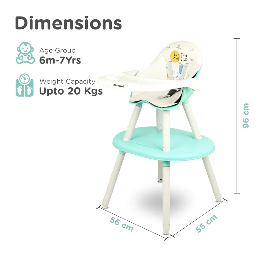 Cherry Berry Tusky High Chair For Kids 3-in-1 Convertible with Detachable & Adjustable Food Tray - Green Cream - Image 8