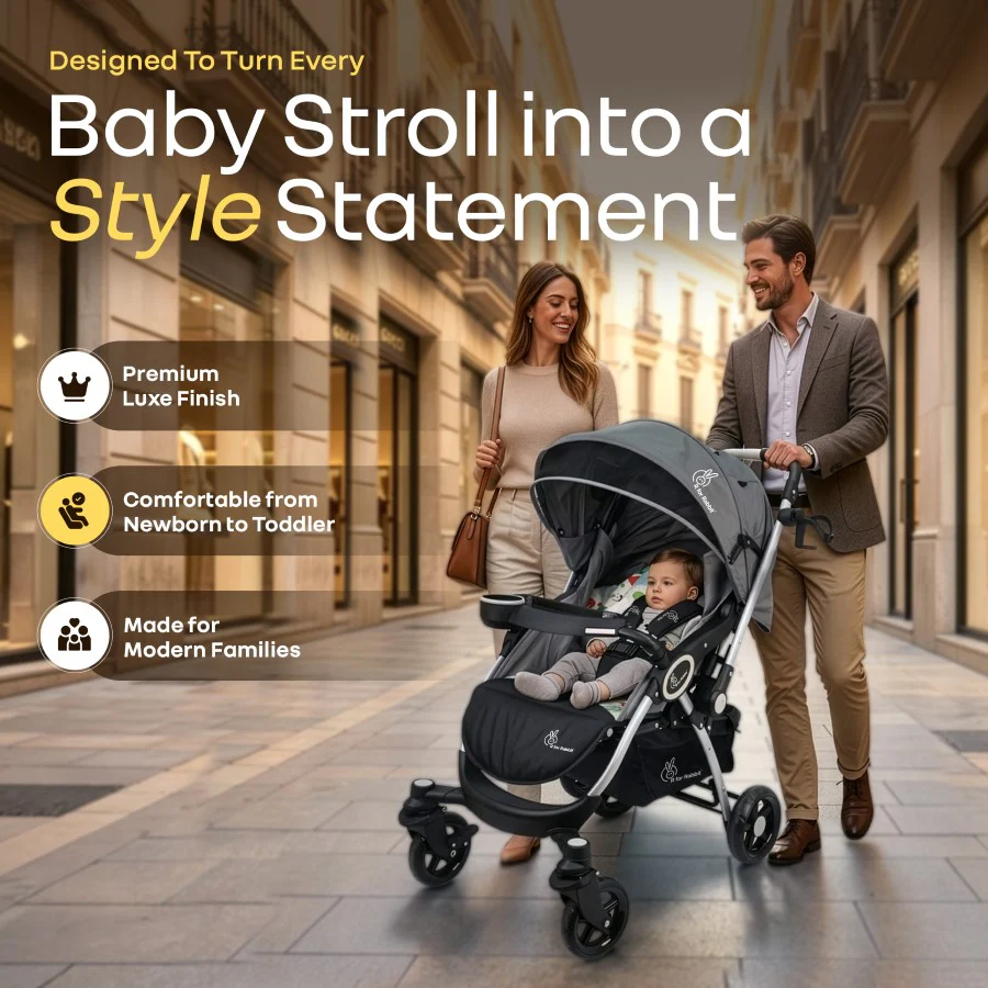 Chocolate Ride Stroller For Kids Reversible Handle, Multiple Recline Positions, Cup Holder with Meal Tray, 5 Point Safety Harness, Storage Basket - Grey Safari - Image 2