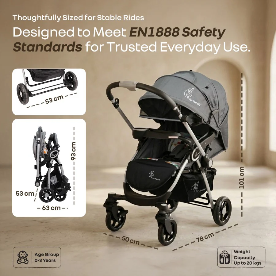Chocolate Ride Stroller For Kids Reversible Handle, Multiple Recline Positions, Cup Holder with Meal Tray, 5 Point Safety Harness, Storage Basket - Grey Safari - Image 9