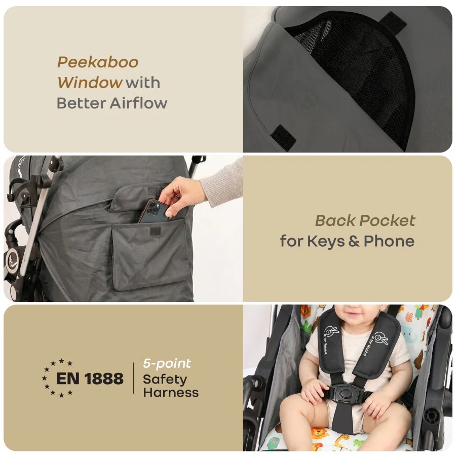 Chocolate Ride Baby Stroller With Personalized Name Plate - Grey Safari - Image 9
