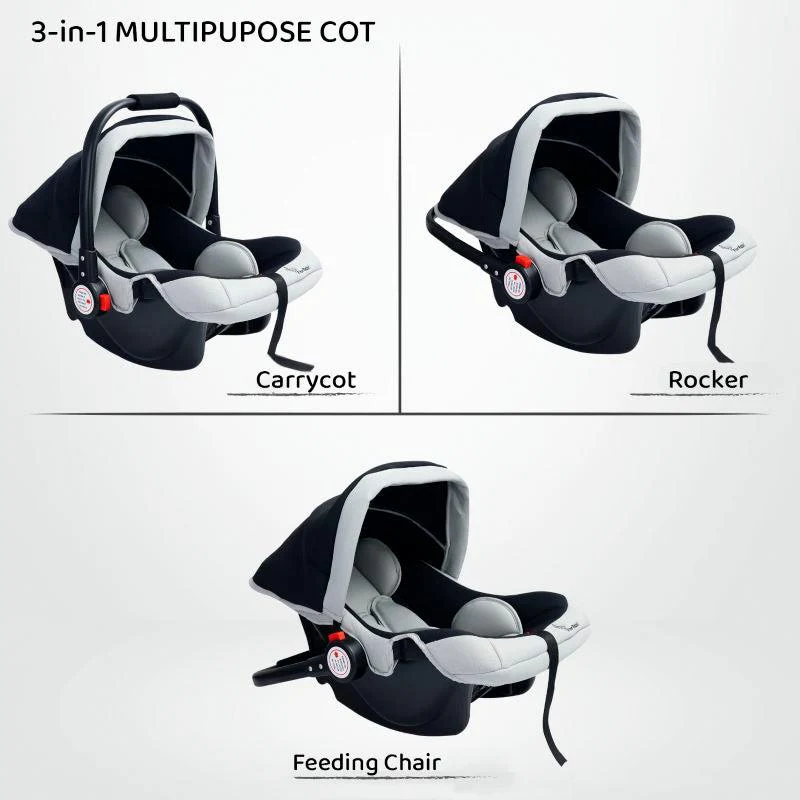 Cozy 3 In 1 Multipurpose Baby Carry Cot With Personalized Name Tag - Black Grey - Image 4