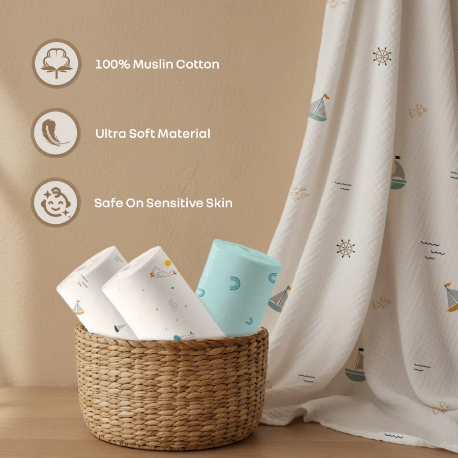 Cuddlez Muslin Baby Swaddle 100% Cotton Baby Swaddle Soft & Breathable Multipurpose Cloth (Pack of 3) - Image 2
