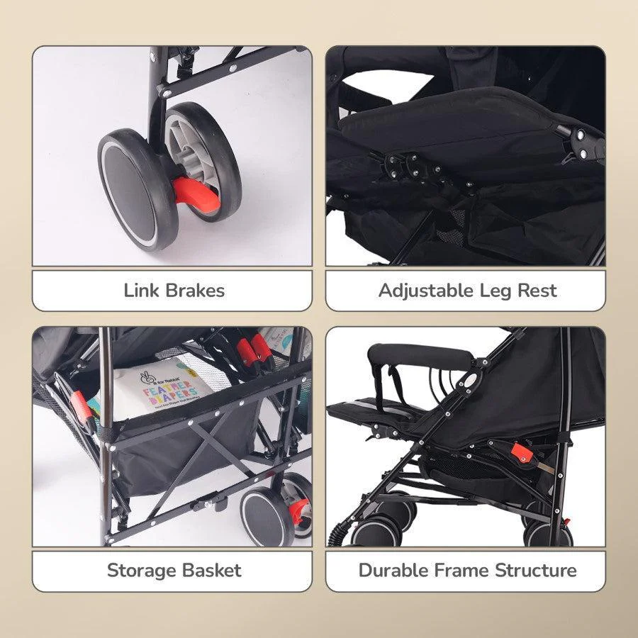 Ginny and Johnny Stroller Compact Fold, Dual Basket, Multi-Position Recline Seat, Rear Brake - Black Grey - Image 6