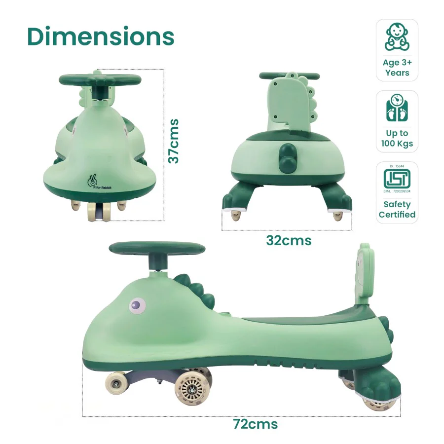 Iya Iya Dino Swing Car For Kids - Inbuilt Music With Light, PU LED Wheels, ABEC 7 Bearing, Up to 100 Kgs Capacity - Image 14