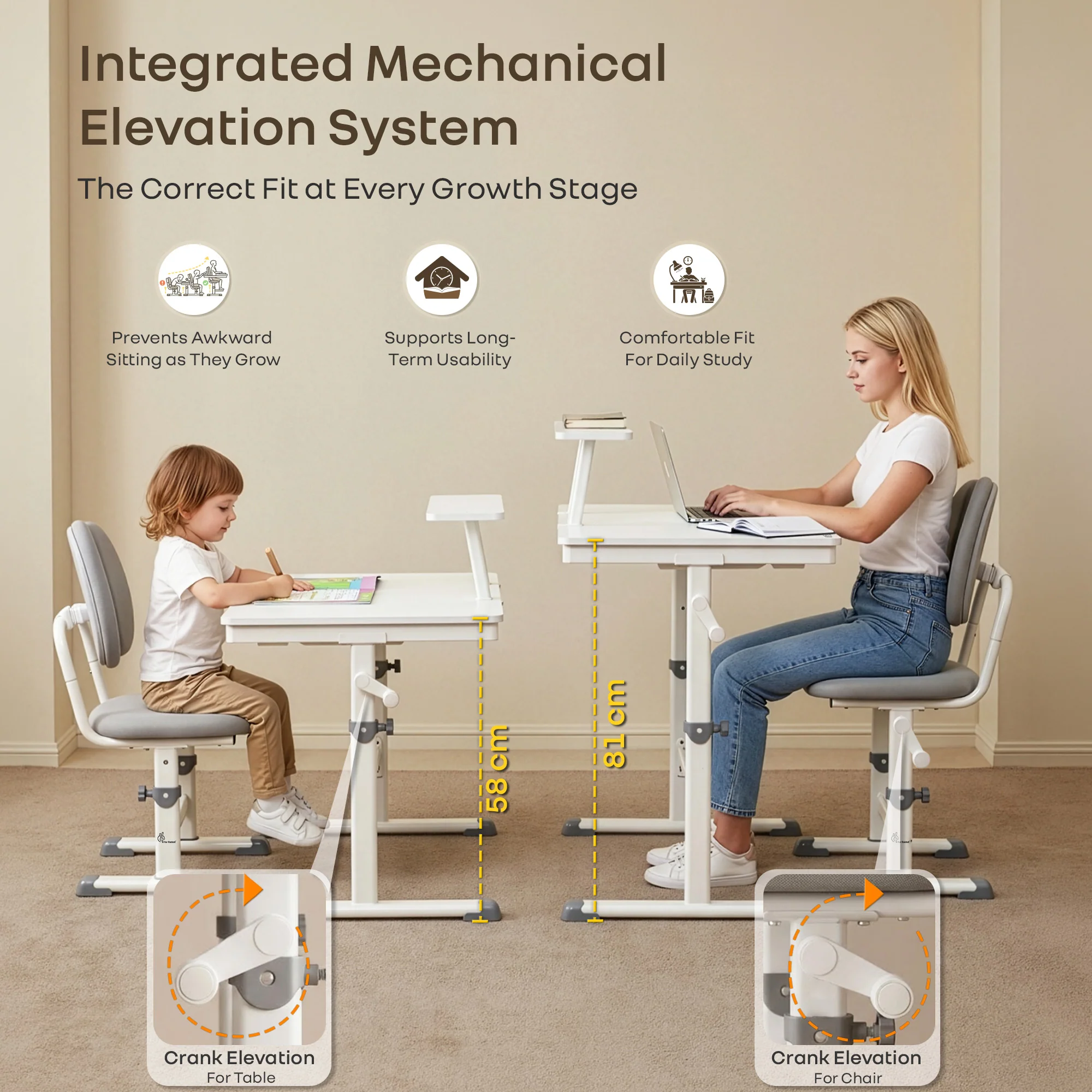 Kiddie Grow Edge Kids Study Table & Chair Set 3-15 Years, Adjustable Height, Storage Drawer & Bookshelf - Image 2