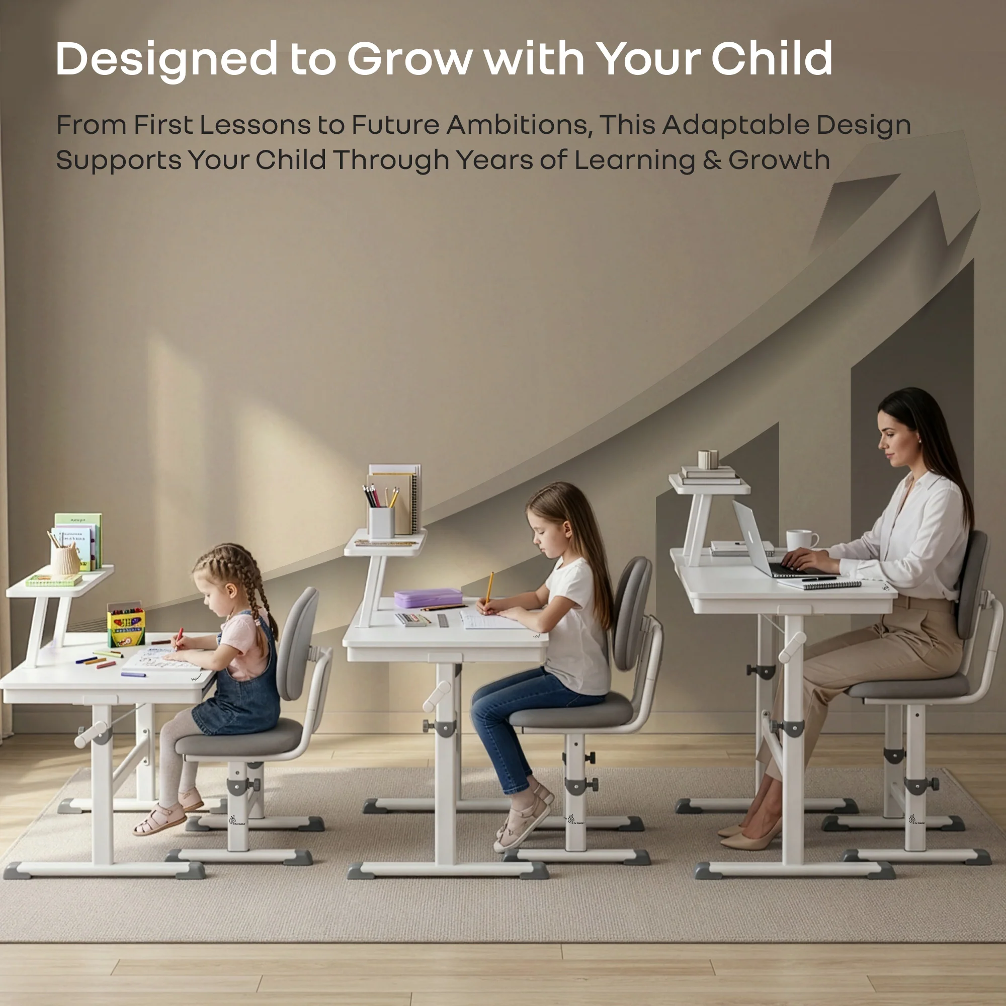 Kiddie Grow Edge Kids Study Table & Chair Set 3-15 Years, Adjustable Height, Storage Drawer & Bookshelf - Image 3