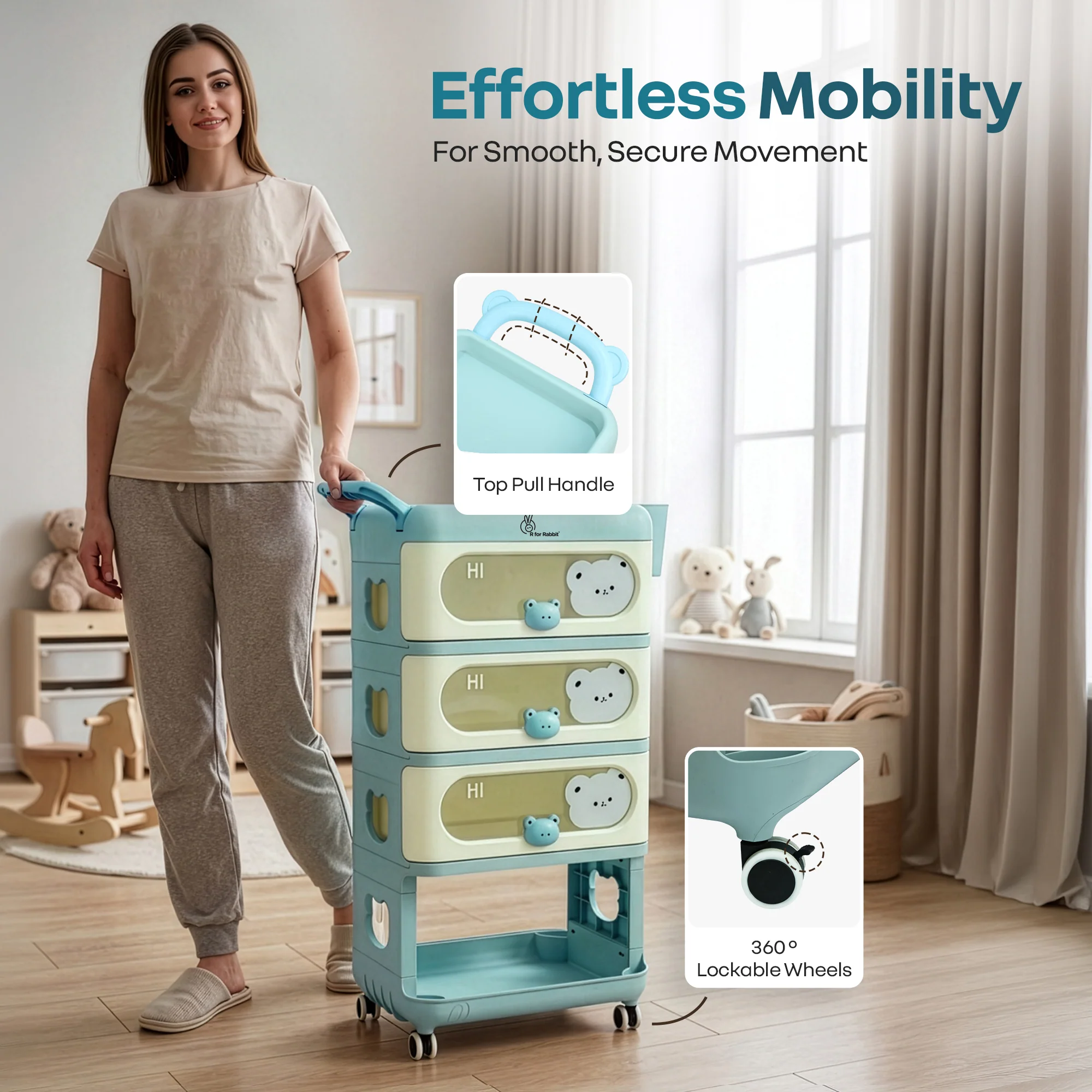 Kiddo Korner Bear Baby Storage Organizer with 3 Drawers, Open Storage, 360° Wheels & Detachable Basket - Image 10