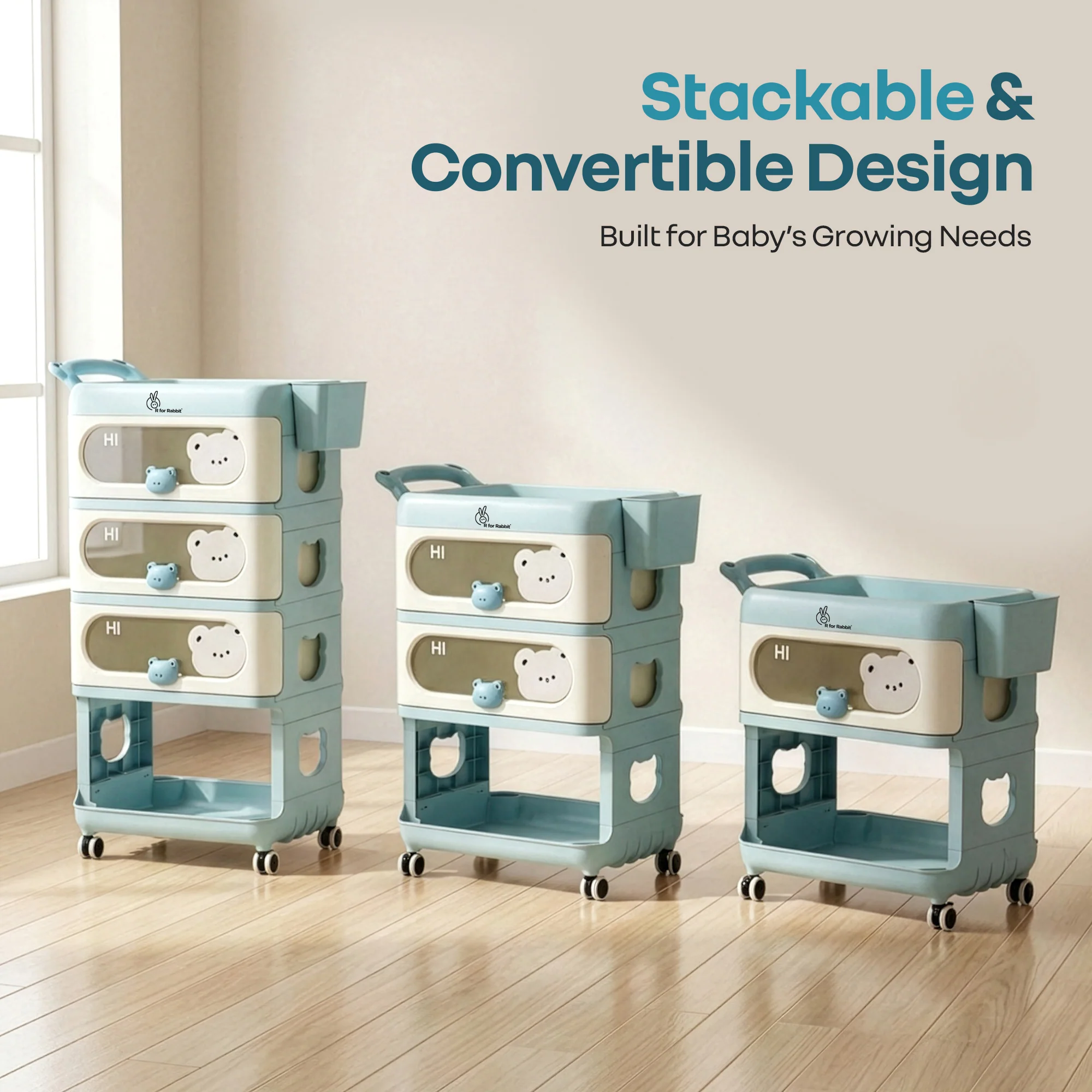 Kiddo Korner Bear Baby Storage Organizer with 3 Drawers, Open Storage, 360° Wheels & Detachable Basket - Image 11