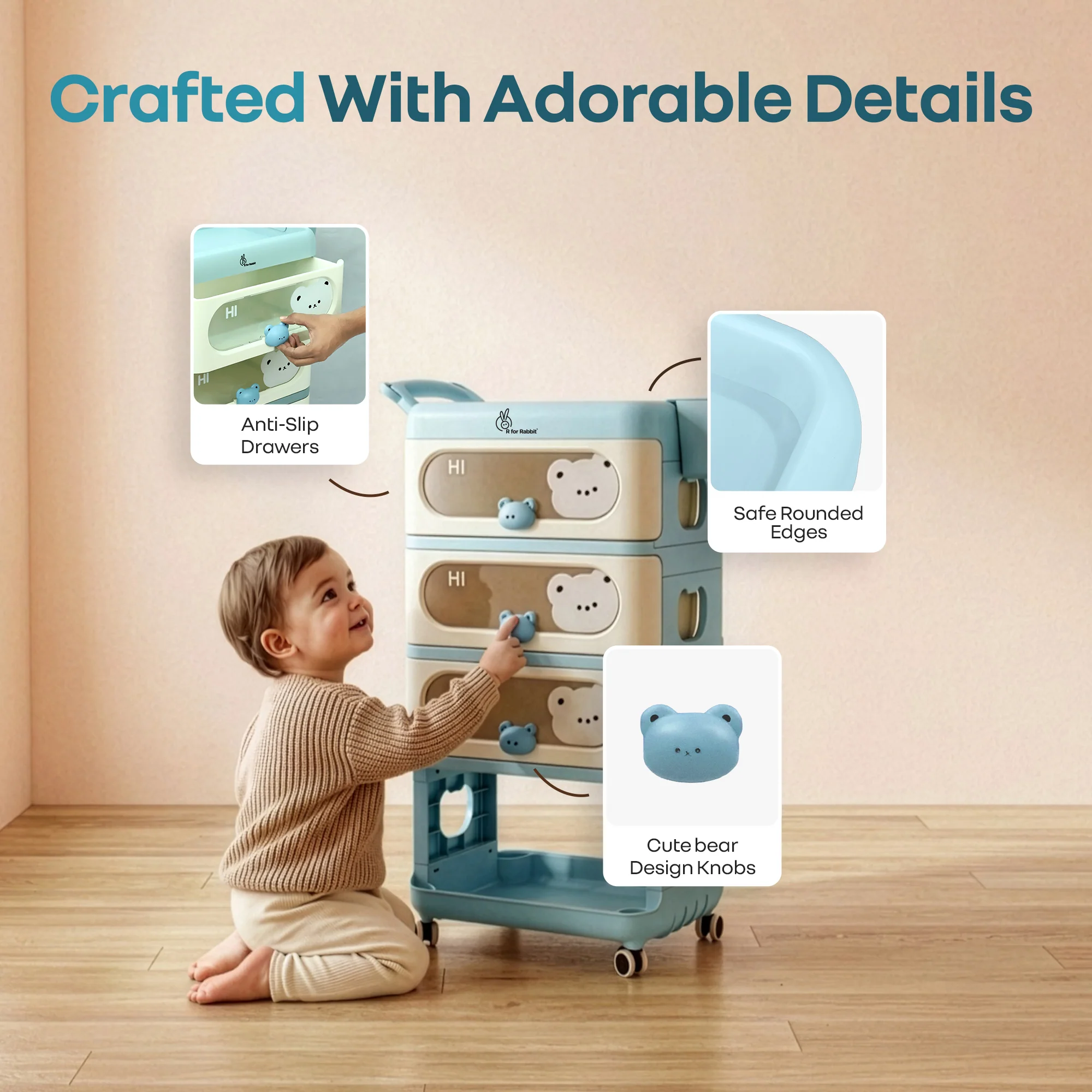 Kiddo Korner Bear Baby Storage Organizer with 3 Drawers, Open Storage, 360° Wheels & Detachable Basket - Image 13