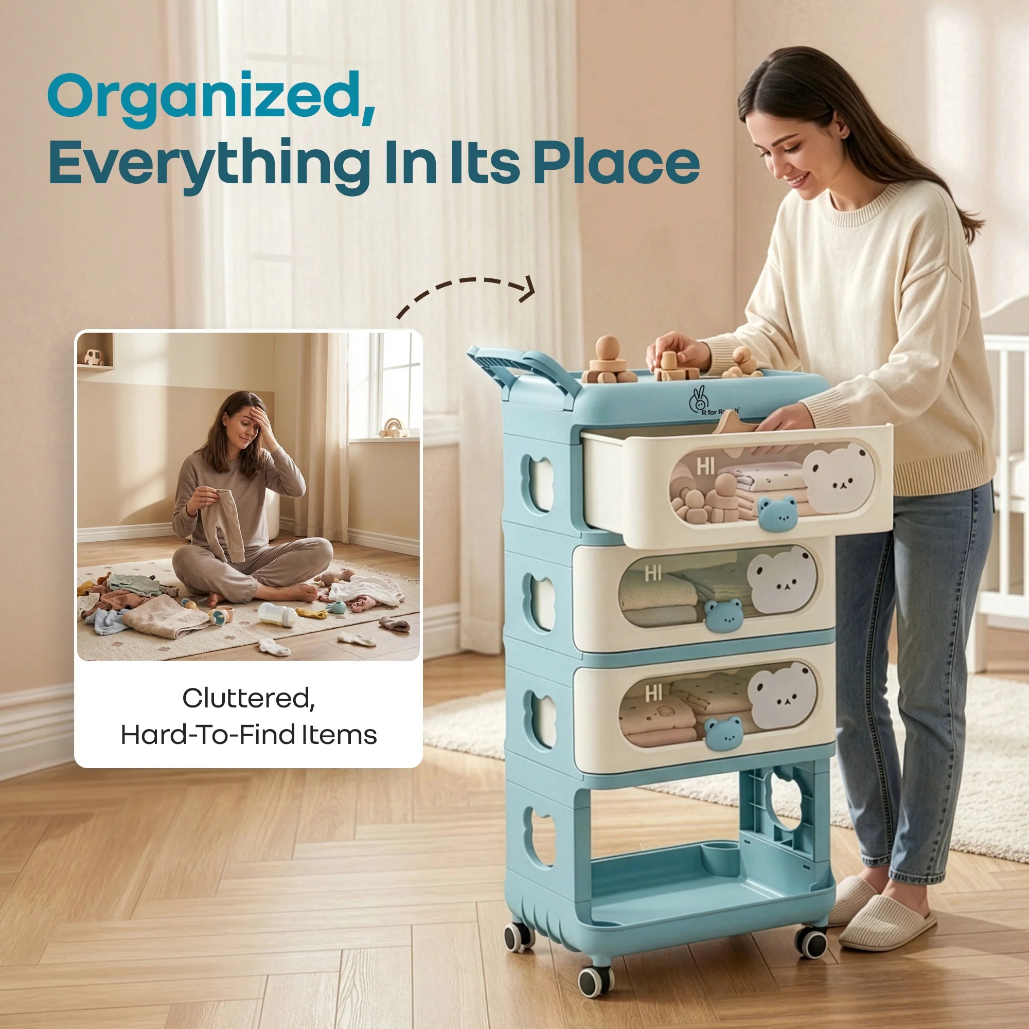 Kiddo Korner Bear Baby Storage Organizer with 3 Drawers, Open Storage, 360° Wheels & Detachable Basket - Image 14