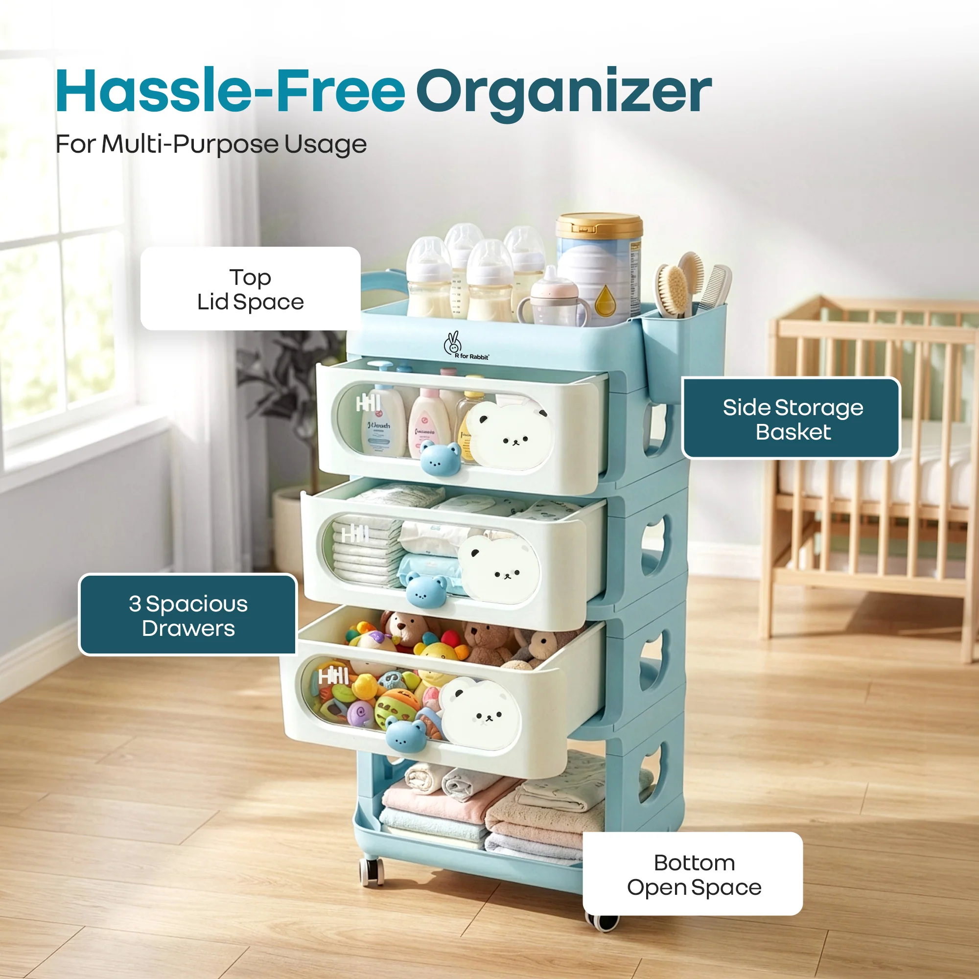 Kiddo Korner Bear Baby Storage Organizer with 3 Drawers, Open Storage, 360° Wheels & Detachable Basket - Image 15