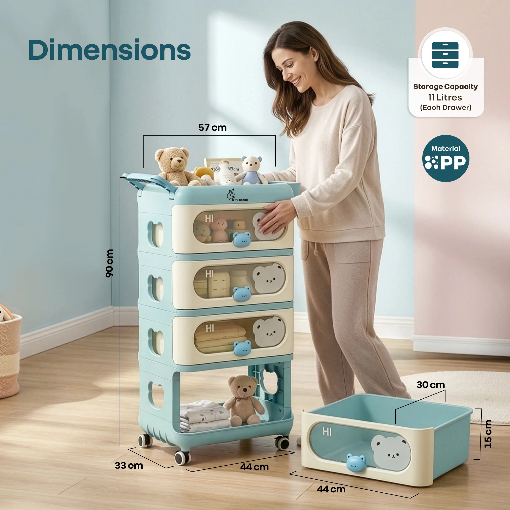 Kiddo Korner Bear Baby Storage Organizer with 3 Drawers, Open Storage, 360° Wheels & Detachable Basket - Image 16