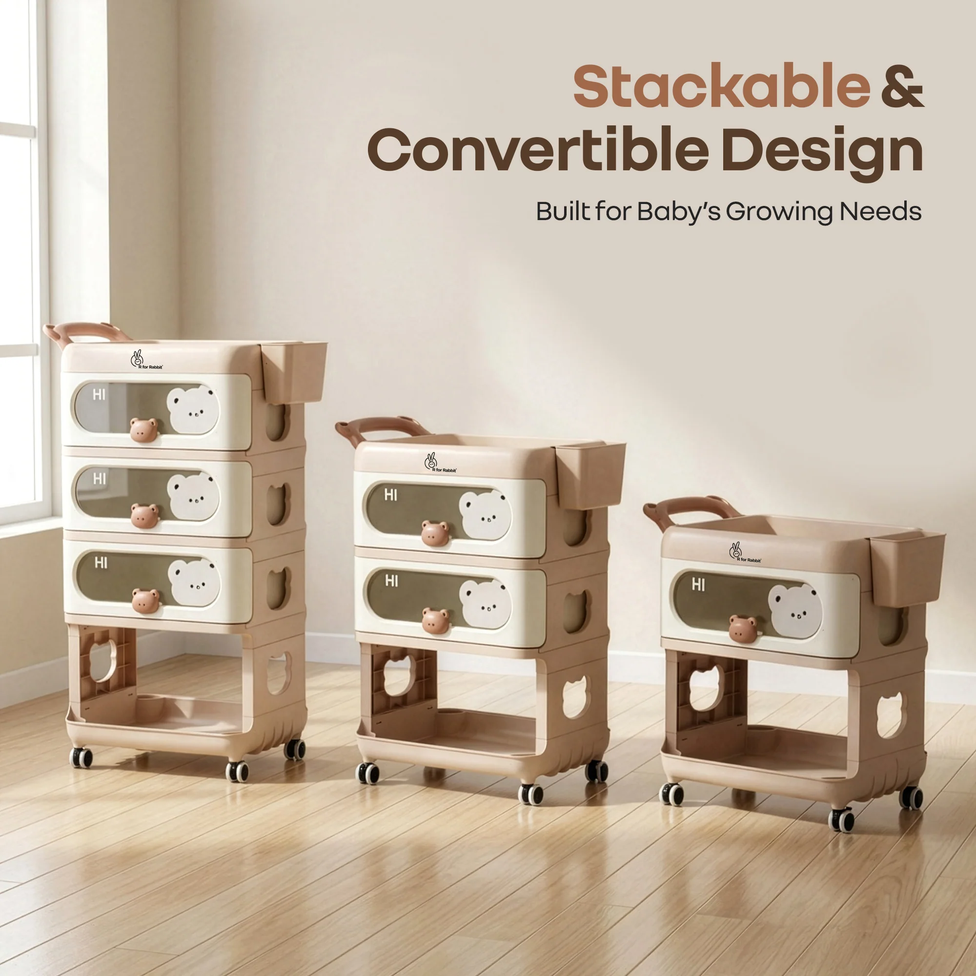 Kiddo Korner Bear Baby Storage Organizer with 3 Drawers, Open Storage, 360° Wheels & Detachable Basket - Image 3