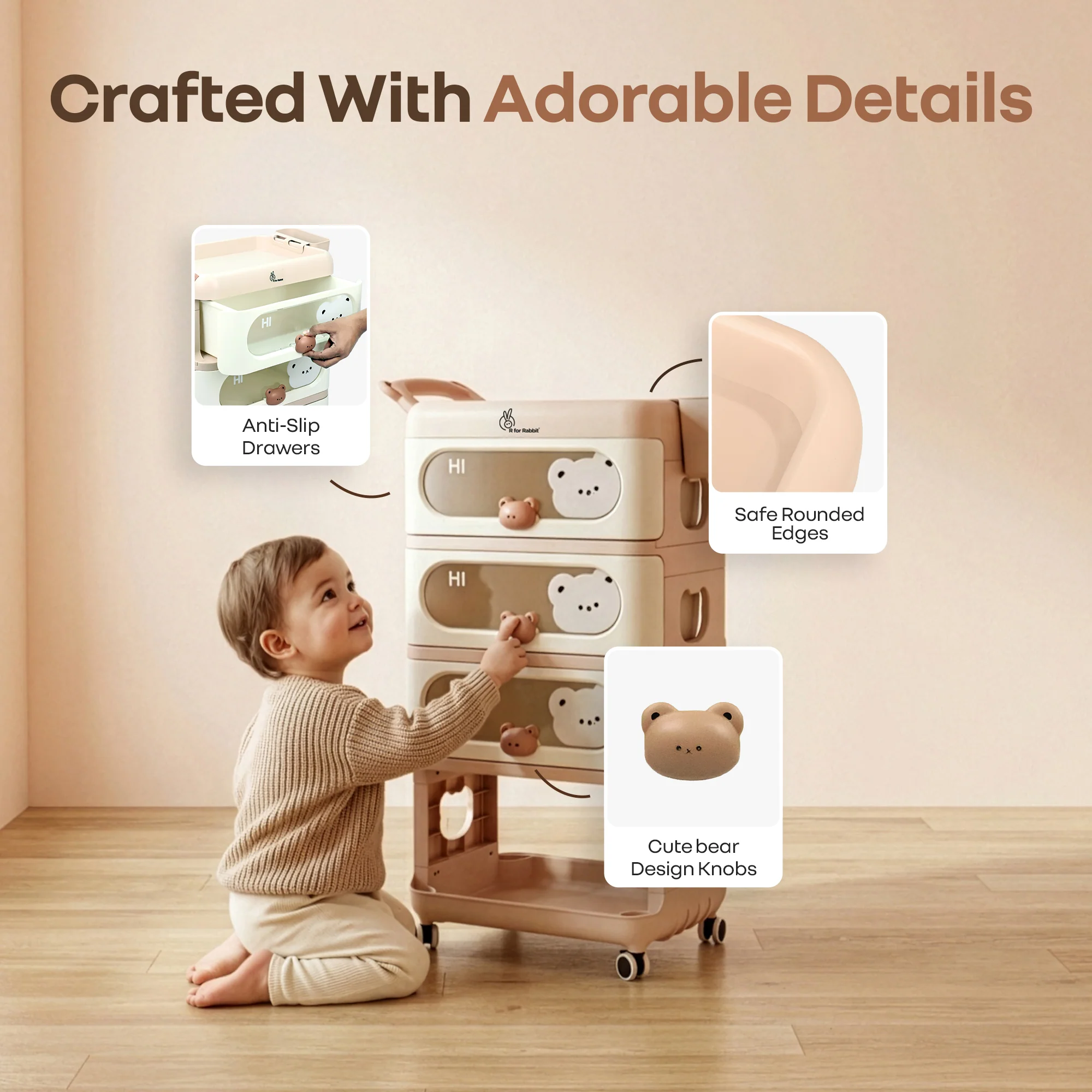 Kiddo Korner Bear Baby Storage Organizer with 3 Drawers, Open Storage, 360° Wheels & Detachable Basket - Image 5