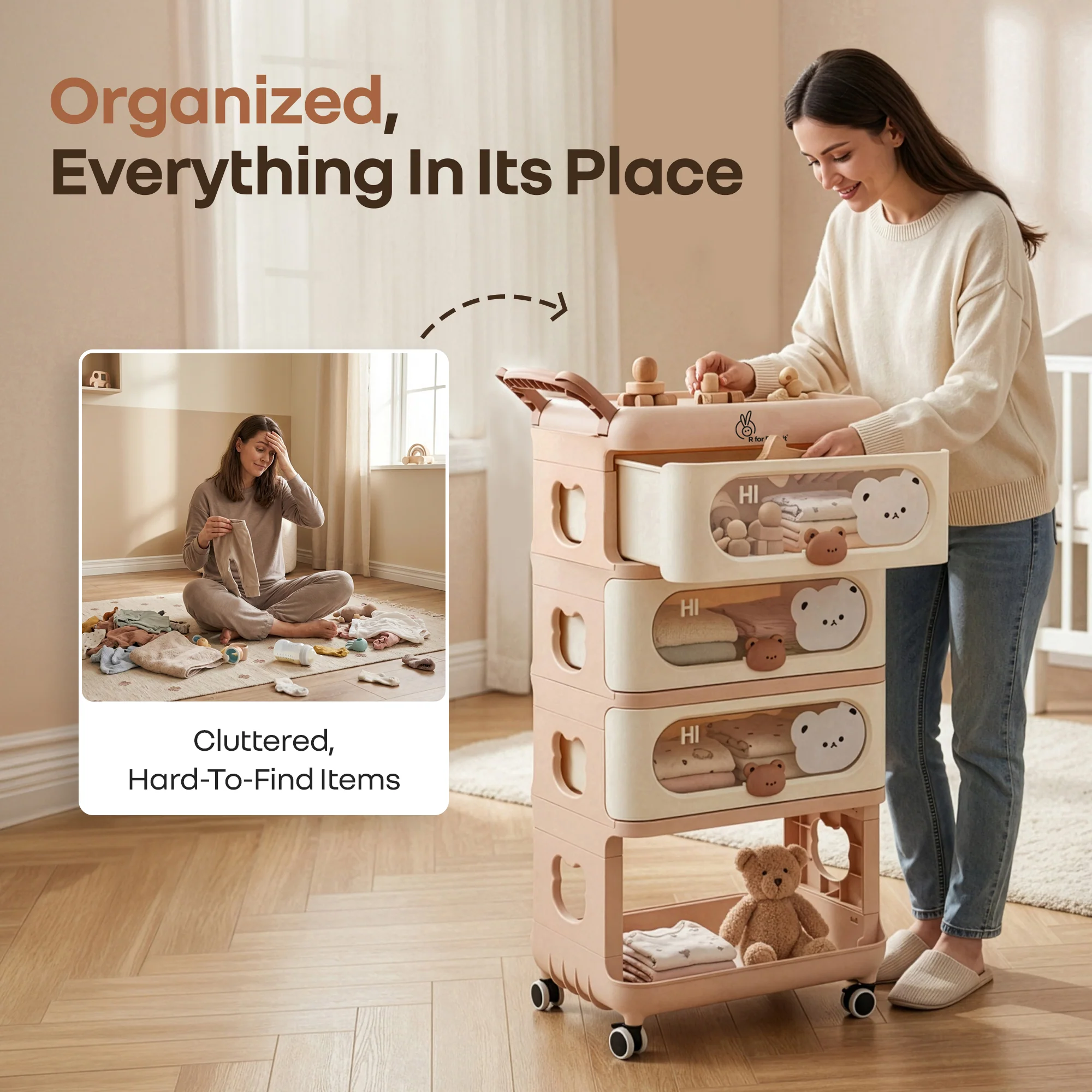 Kiddo Korner Bear Baby Storage Organizer with 3 Drawers, Open Storage, 360° Wheels & Detachable Basket - Image 6