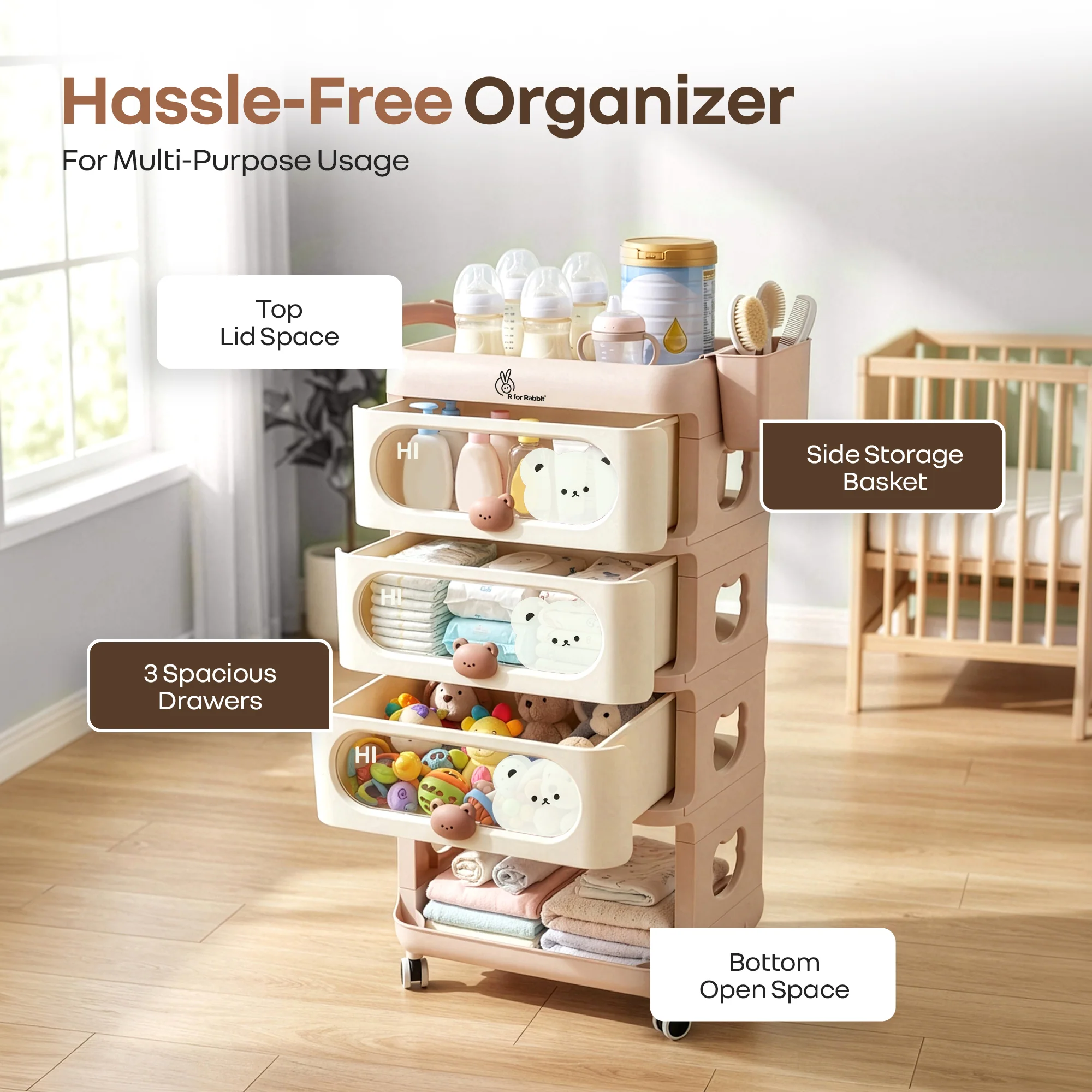 Kiddo Korner Bear Baby Storage Organizer with 3 Drawers, Open Storage, 360° Wheels & Detachable Basket - Image 7