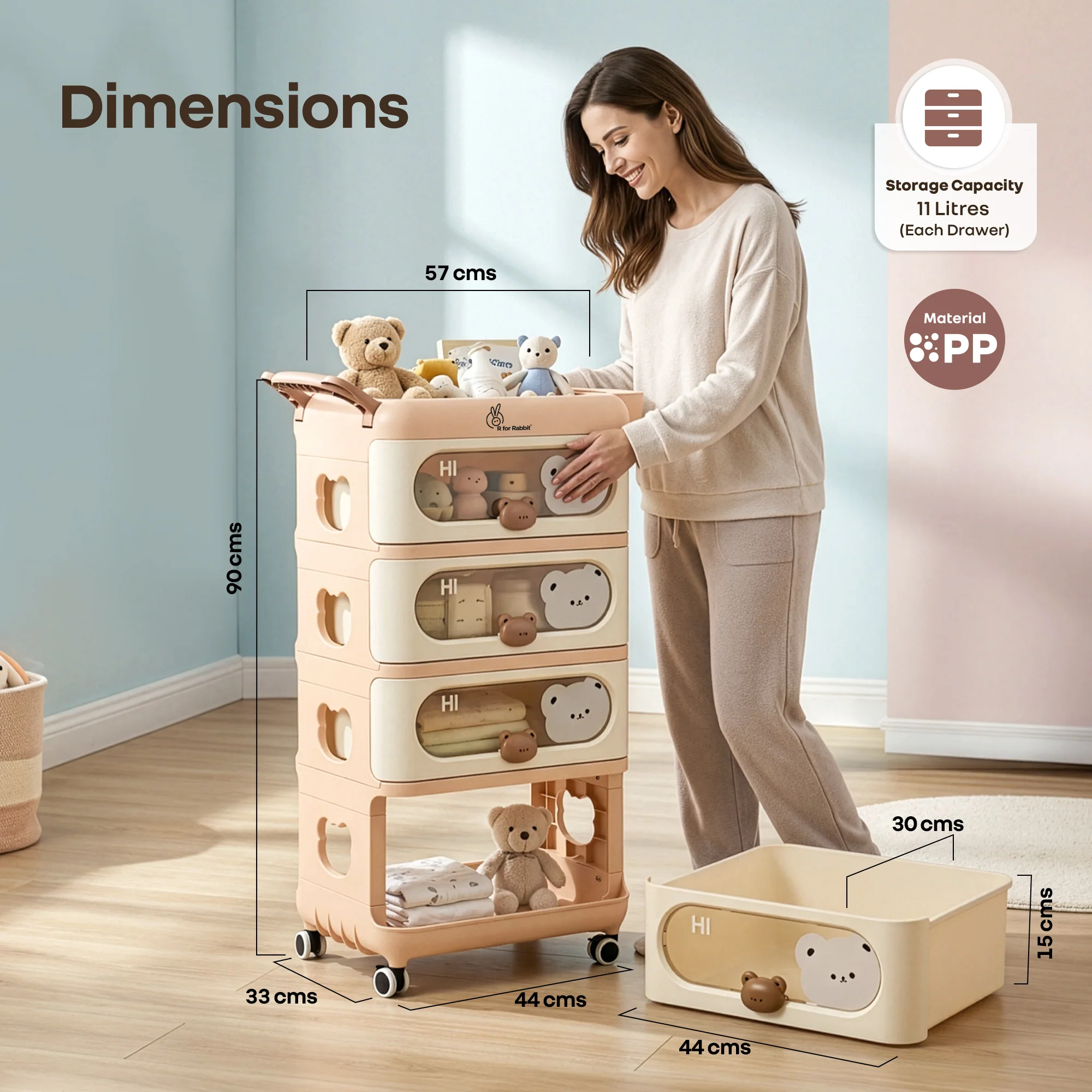 Kiddo Korner Bear Baby Storage Organizer with 3 Drawers, Open Storage, 360° Wheels & Detachable Basket - Image 8
