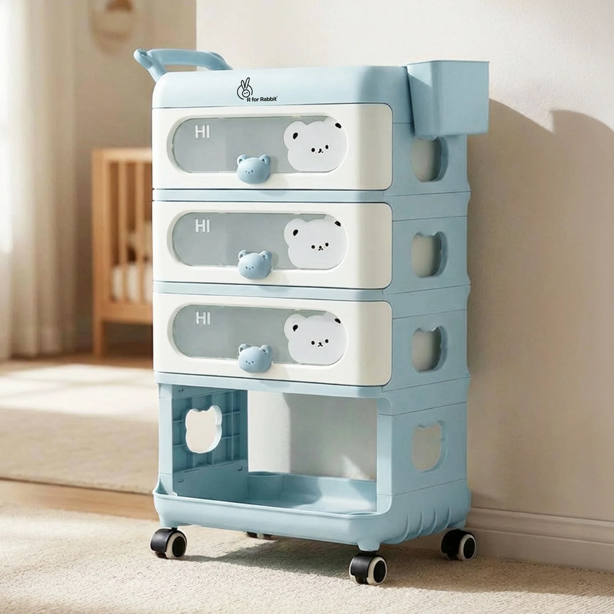 Kiddo Korner Bear Baby Storage Organizer with 3 Drawers, Open Storage, 360° Wheels & Detachable Basket - Image 9