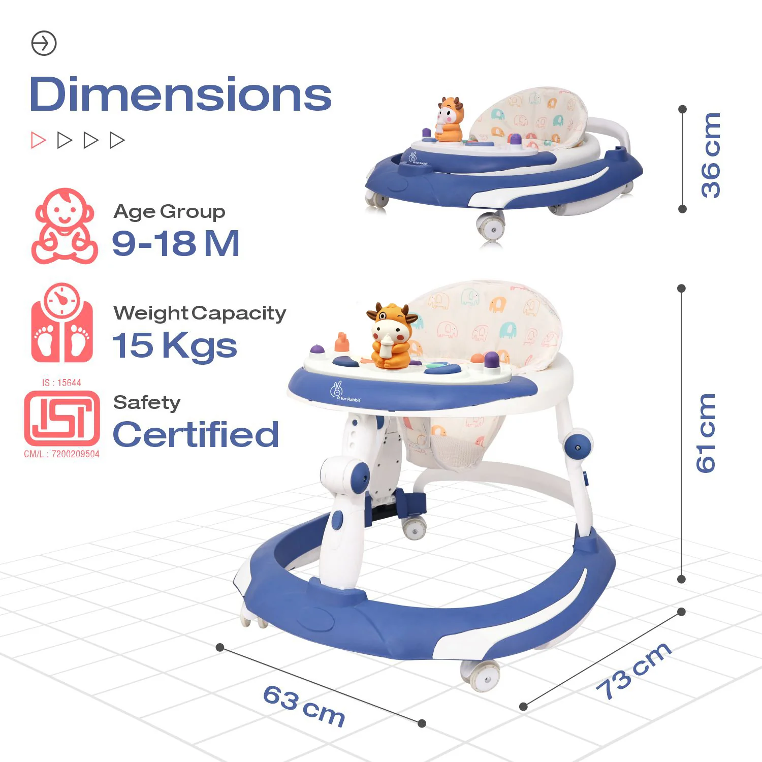 Little Feet Plus Walker - Detachable Toy Bar With Music & Light - Blue White - Image 7