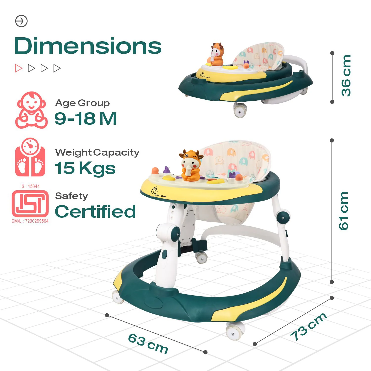 Little Feet Plus Walker - Detachable Toy Bar With Music & Light - Green Yellow - Image 7