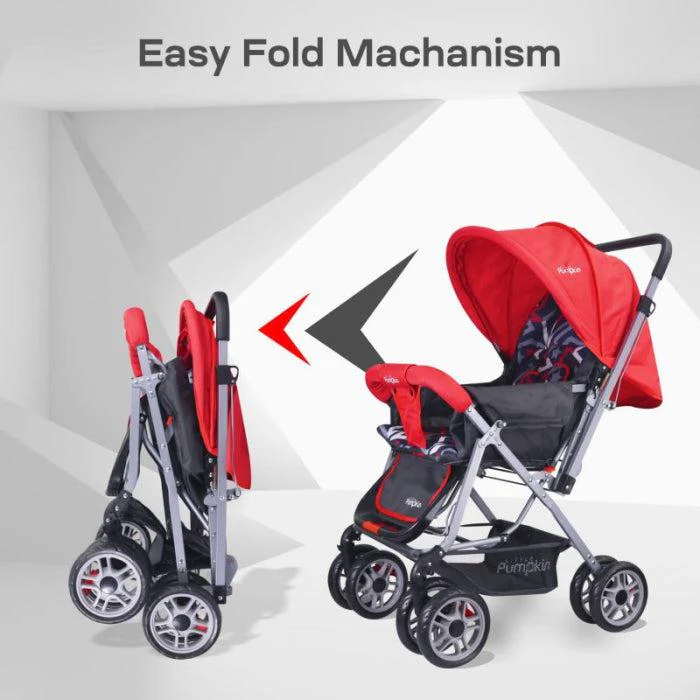Kiddie Kingdom Stroller 3 Position Recline, Easy Fold, Reversible Handle, Rear Wheel Brakes - Red Black - Image 4