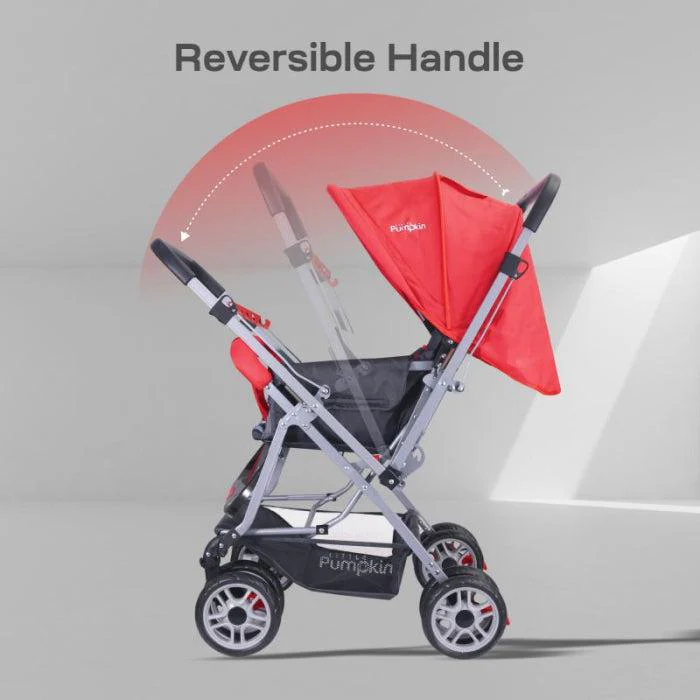 Kiddie Kingdom Stroller 3 Position Recline, Easy Fold, Reversible Handle, Rear Wheel Brakes - Red Black - Image 5
