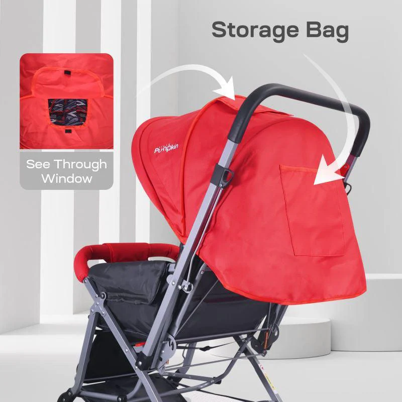 Kiddie Kingdom Stroller 3 Position Recline, Easy Fold, Reversible Handle, Rear Wheel Brakes - Red Black - Image 6