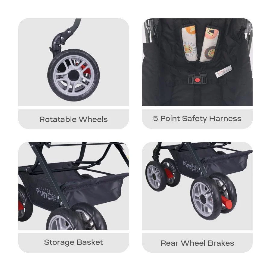 Kiddie Kingdom Stroller 3 Position Recline, Easy Fold, Reversible Handle, Rear Wheel Brakes - Black Safari - Image 6