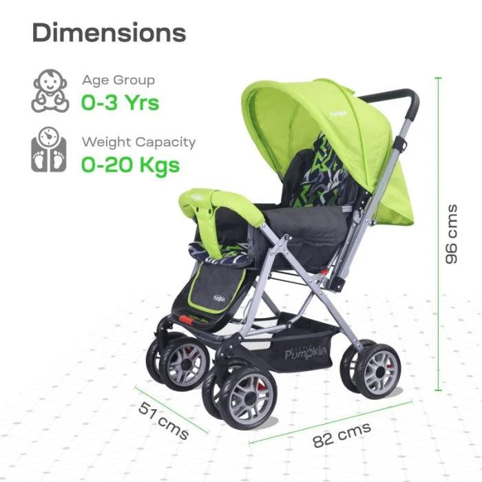 Kiddie Kingdom Stroller 3 Position Recline, Easy Fold, Reversible Handle, Rear Wheel Brakes - Green Black - Image 4