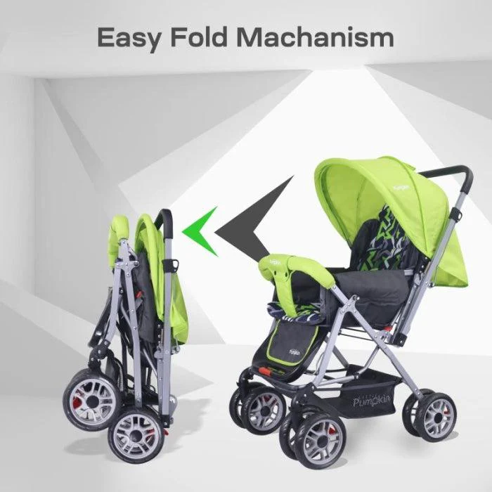 Kiddie Kingdom Stroller 3 Position Recline, Easy Fold, Reversible Handle, Rear Wheel Brakes - Green Black - Image 5