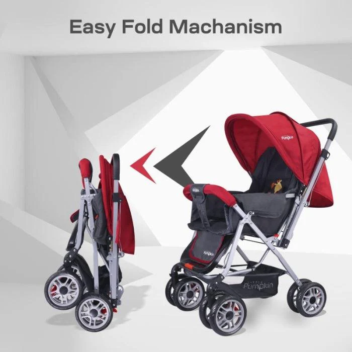 Kiddie Kingdom Stroller 3 Position Recline, Easy Fold, Reversible Handle, Rear Wheel Brakes - Red - Image 2